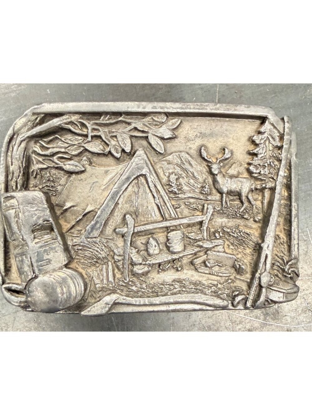 Vintage 1984 Siskiyou Pewter Belt Buckle Camping Fishing Wildlife Deer Mountain